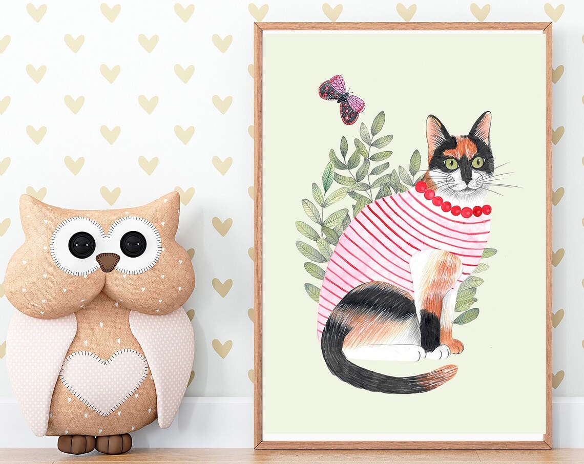 Calico Cat In Striped Shirt Watercolor Playful Kitty Art Poster