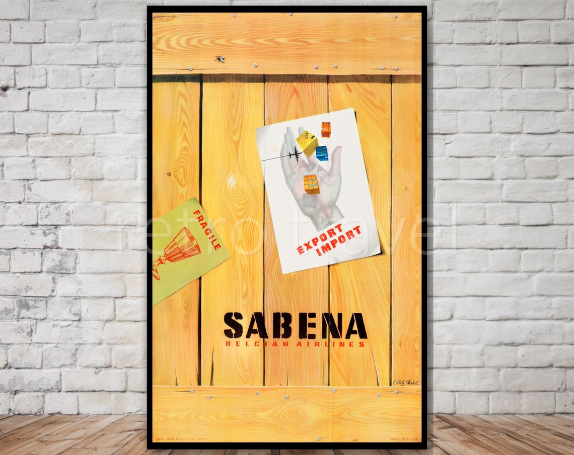 Sabena Belgian Airlines Vintage Cargo Crate Export Import Poster Art