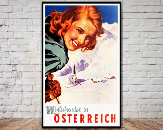 Winterfreuden In Oesterreich Vintage Austria Ski Poster Smiling Skier