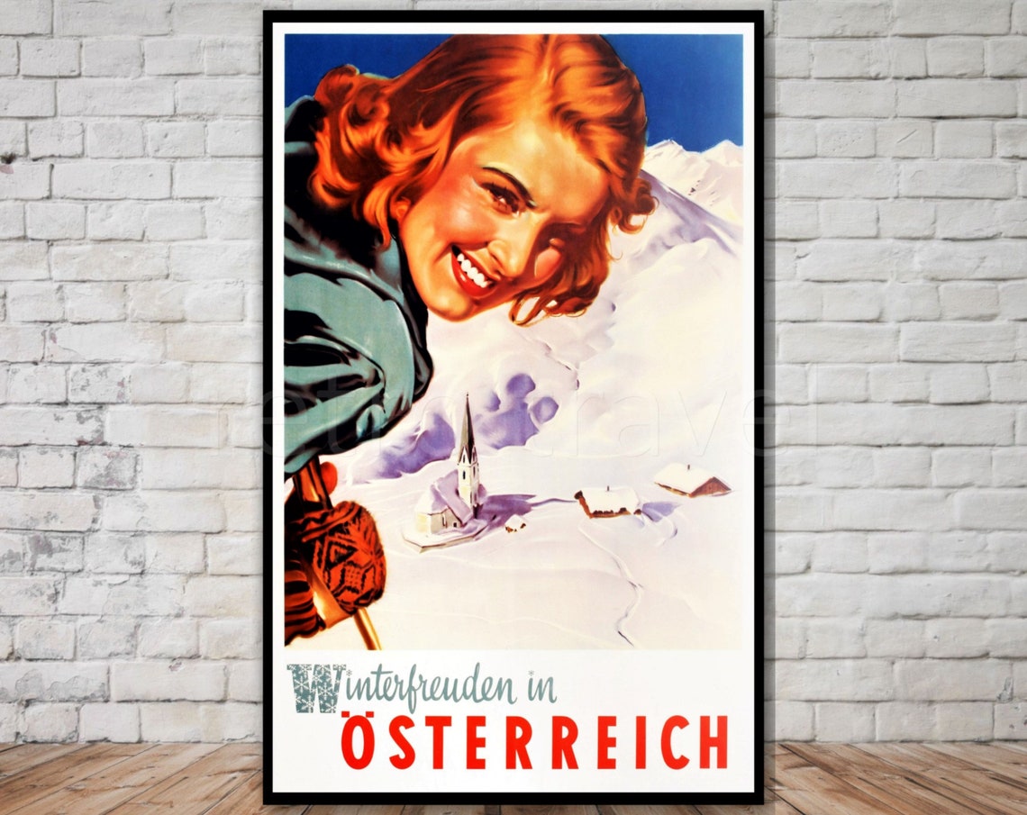 Winterfreuden In Oesterreich Vintage Austria Ski Poster Smiling Skier