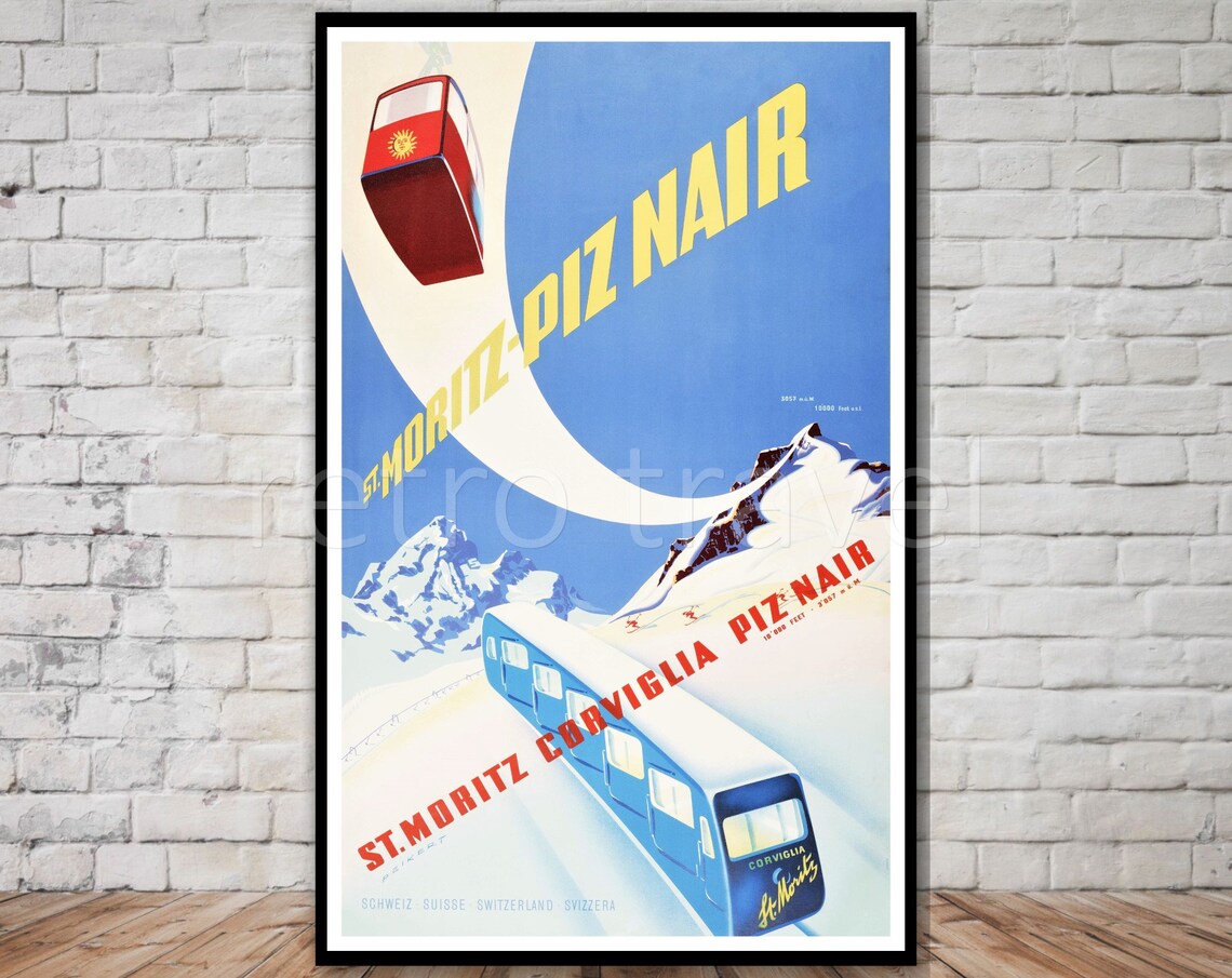 St Moritz Piz Nair Vintage Ski Poster Swiss Alps Gondola Train Art