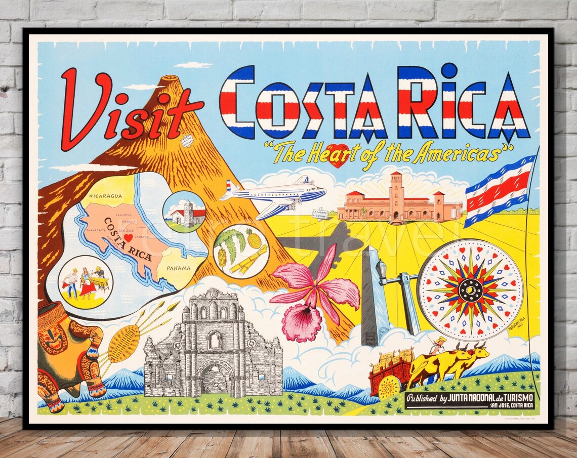Costa Rica Vintage Travel Poster, Retro Wall Art Print