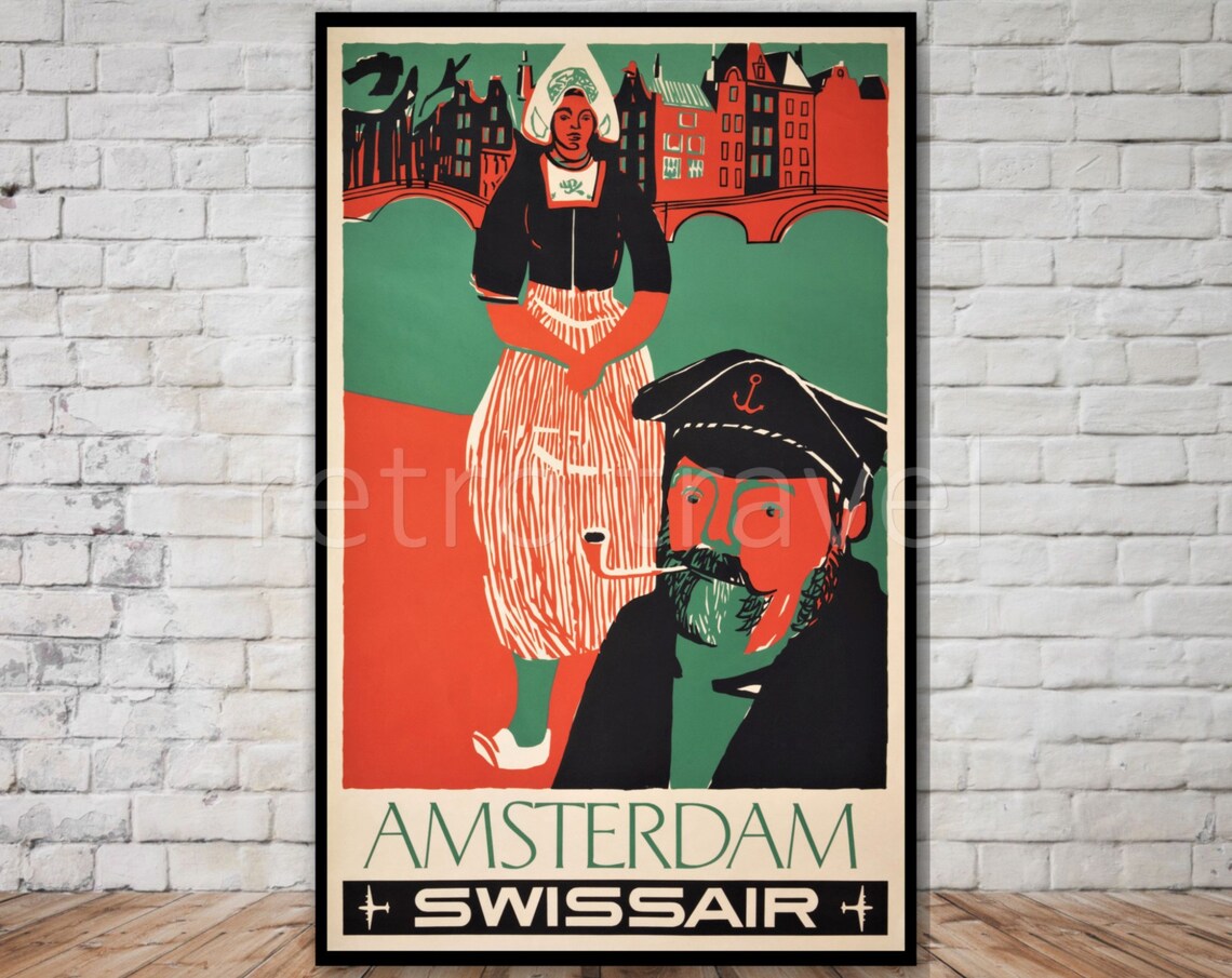 Swissair Amsterdam Vintage Travel Poster Print