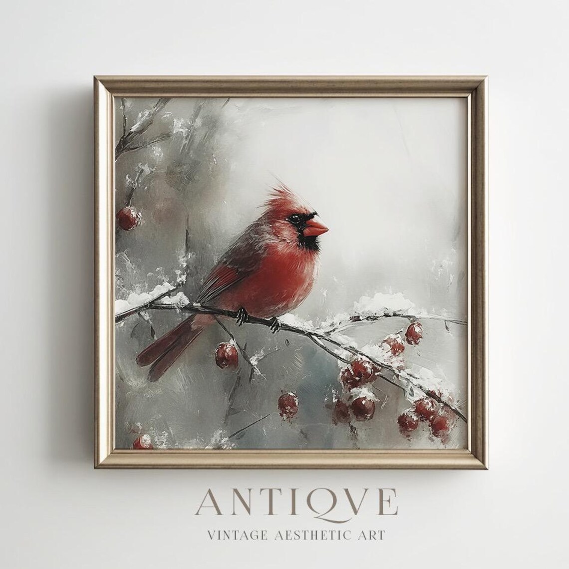 Red Cardinal On Snowy Branch, Rustic Christmas Art - Image 4