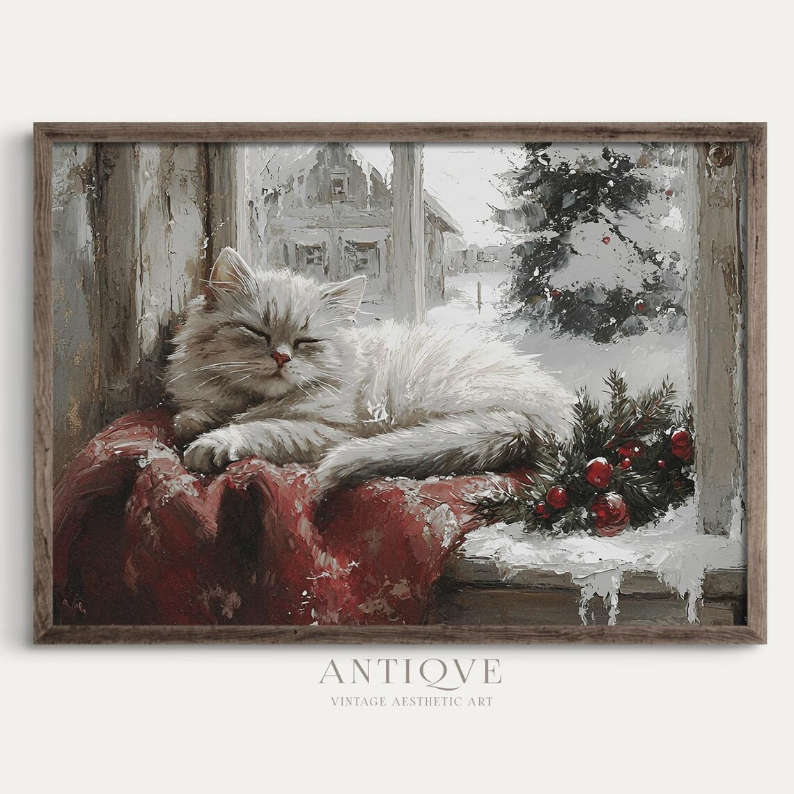 Winter White Cat Christmas Kitten, Cozy Rustic Farmhouse