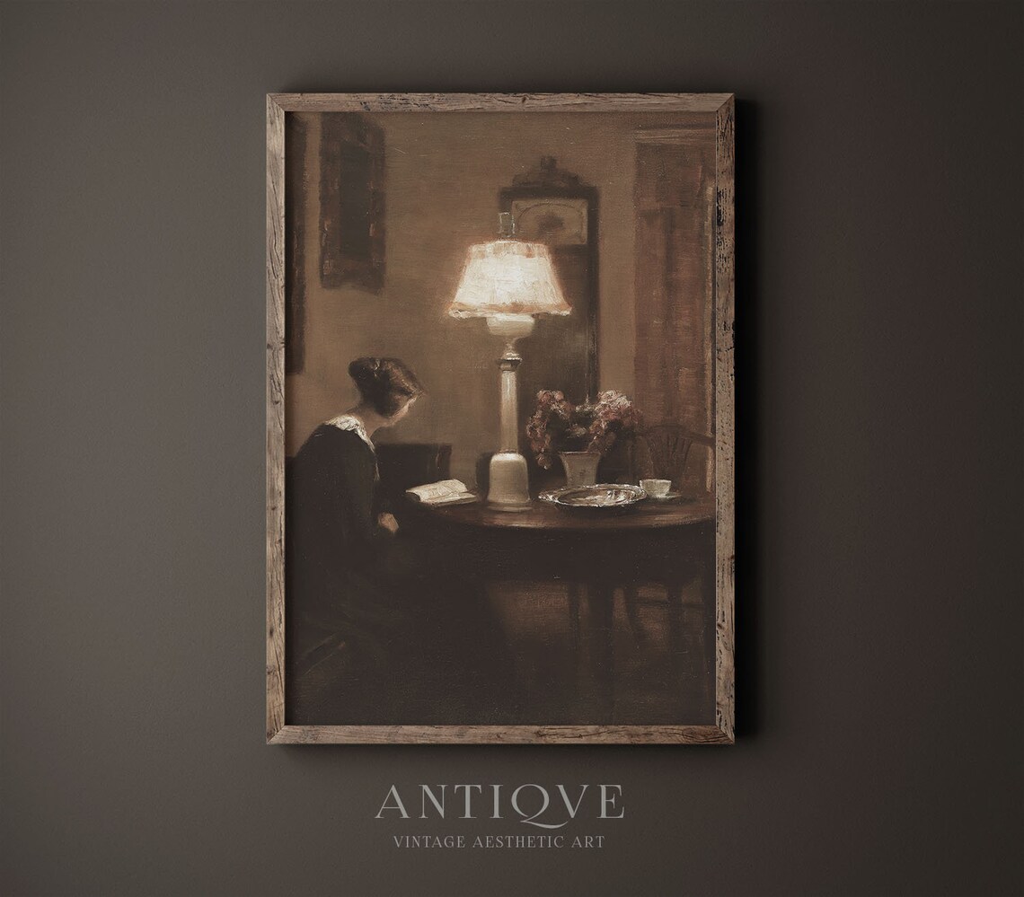 Vintage Woman Reading by Antique Lamp Art Print - Image 2