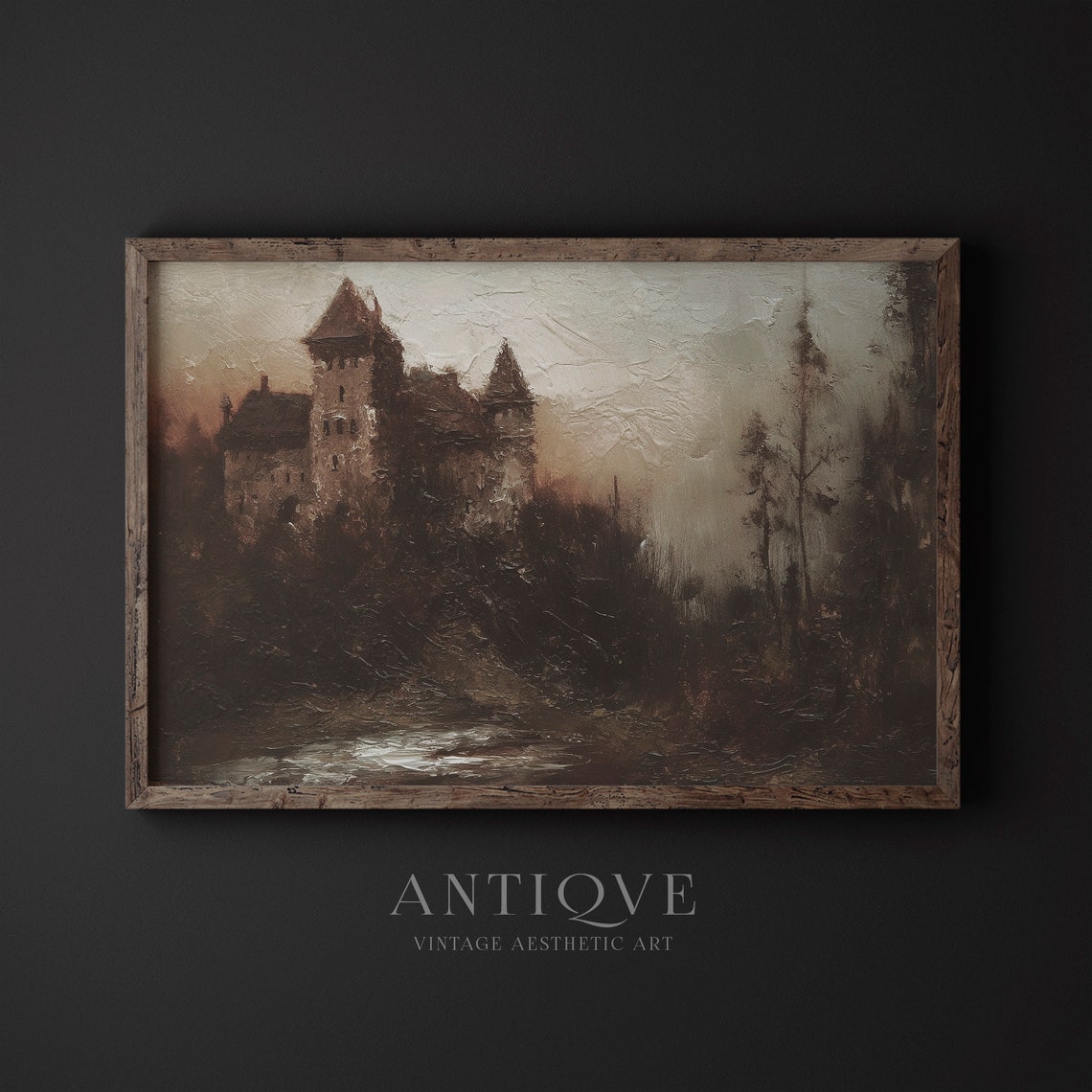 Medieval Castle on Hill Dark Dusk Vintage Oil Painting Print - Image 2