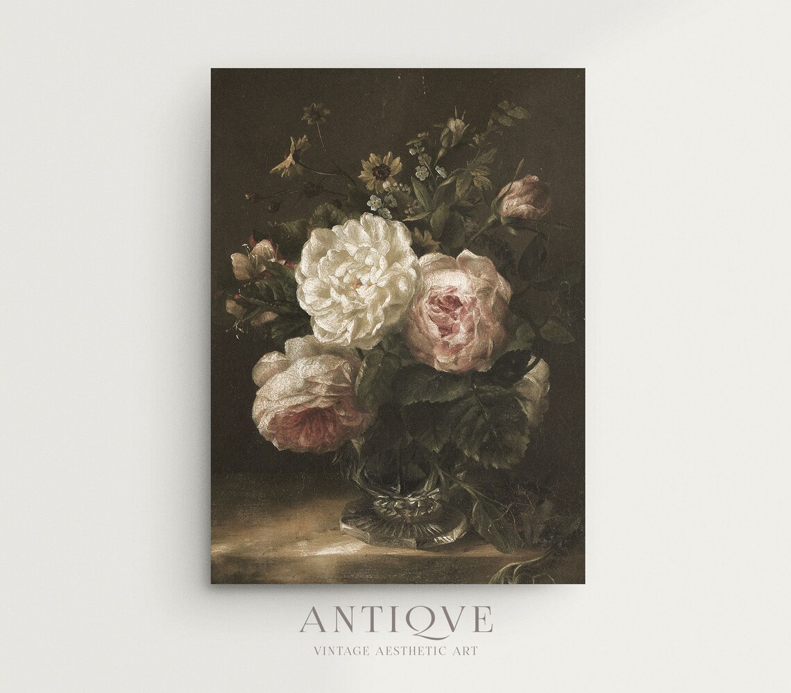 Moody Vintage Still Life Floral Oil Painting Art Print - Image 2