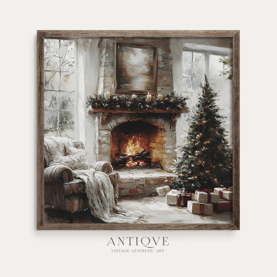 Warm Stone Fireplace With Christmas Tree And Gifts Winter Room Poster