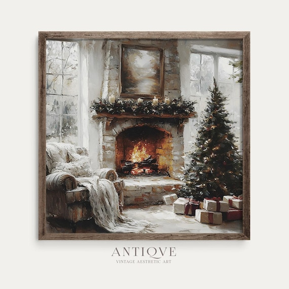 Warm Stone Fireplace With Christmas Tree And Gifts Winter Room Poster