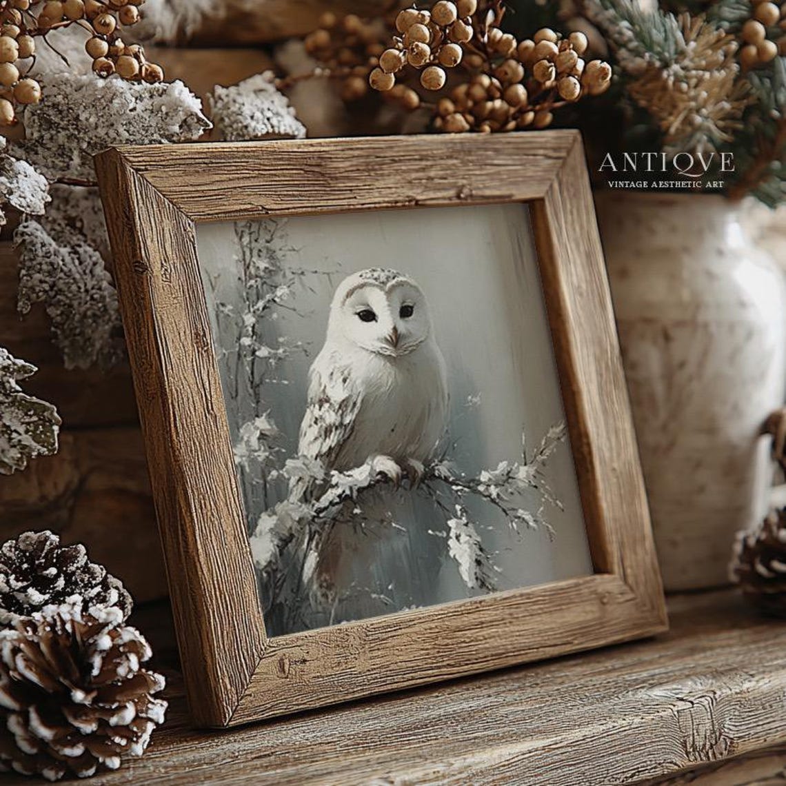 White Owl Perched On Snowy Branch Close Up Wildlife Painting Poster - Image 4