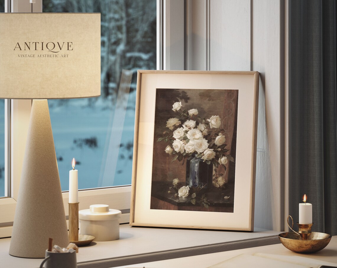 Moody Vintage White Roses Still Life, Wall Art Print - Image 4