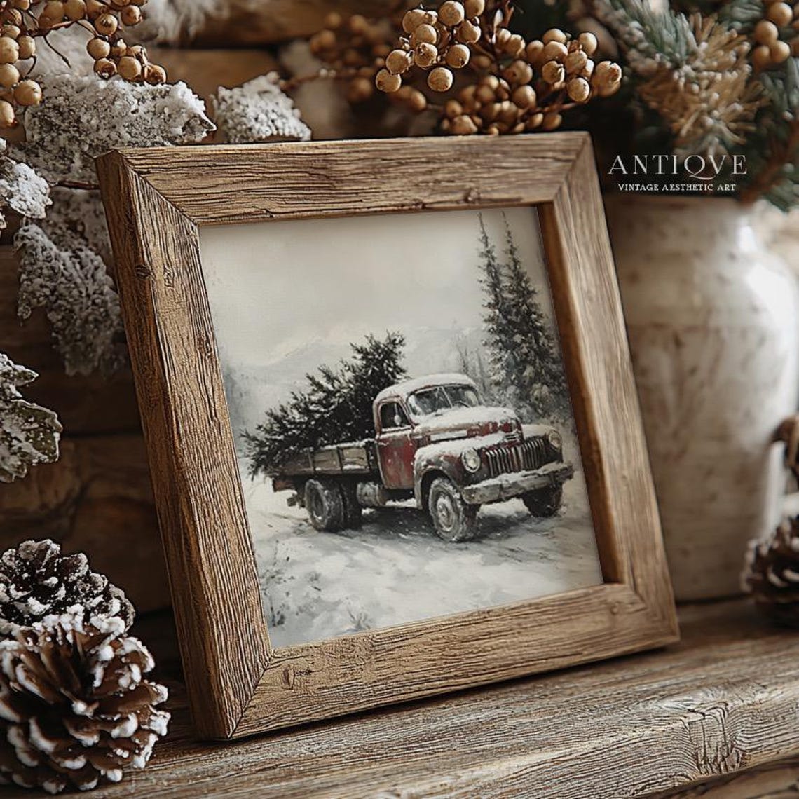 Rustic Red Vintage Truck With Christmas Tree Snow Square Art Poster - Image 4