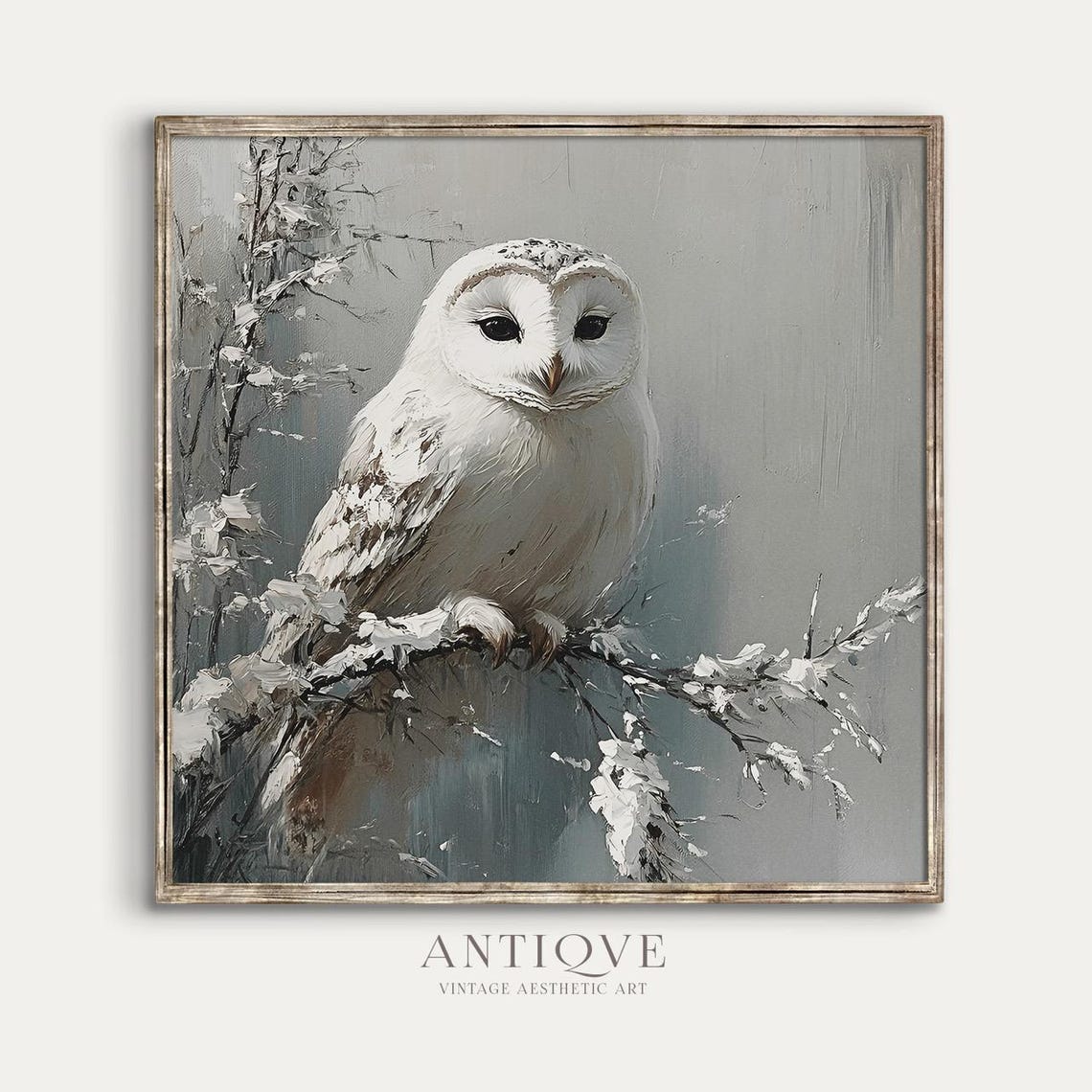 White Owl Perched On Snowy Branch Close Up Wildlife Painting Poster - Image 3