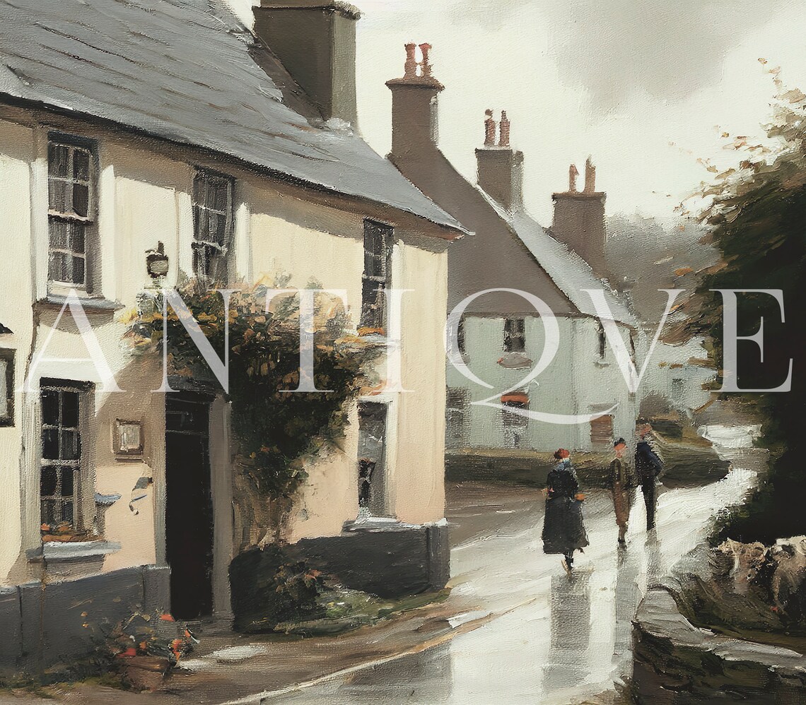 Rainy Village Street Old Pub Cottages Oil Painting Style Print - Image 3