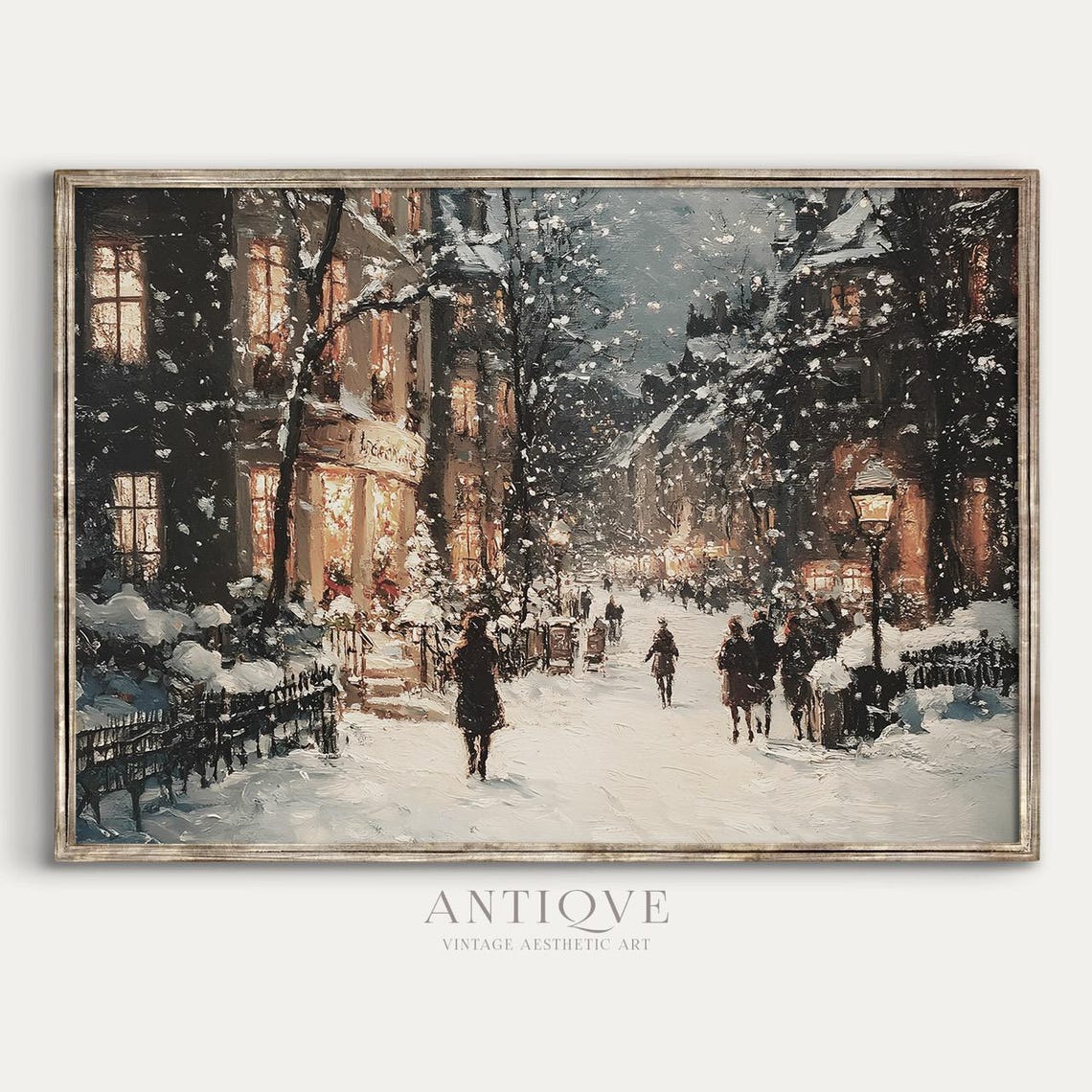 Busy Snowy Village Street At Night With Lantern Lights Winter Poster