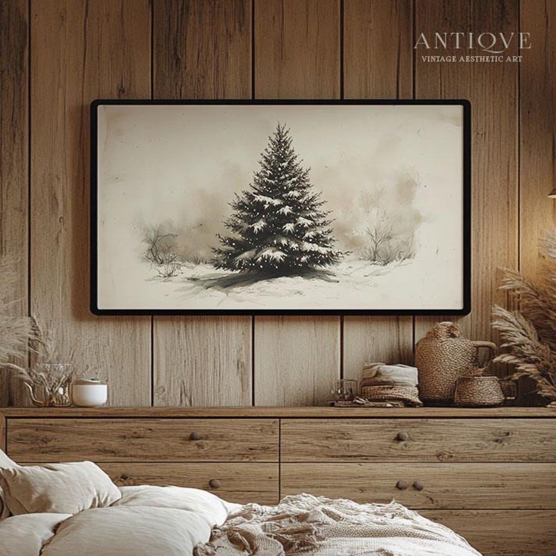 Snowy Pine Tree Neutral Sketch Wide Rustic Winter Holiday Print - Image 2