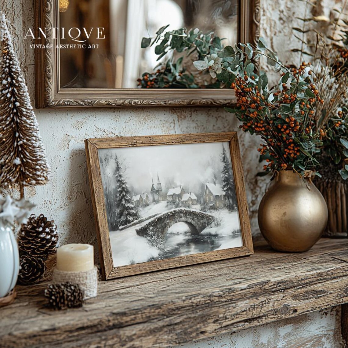 Snowy Bridge In Village, Rustic Winter Landscape - Image 4