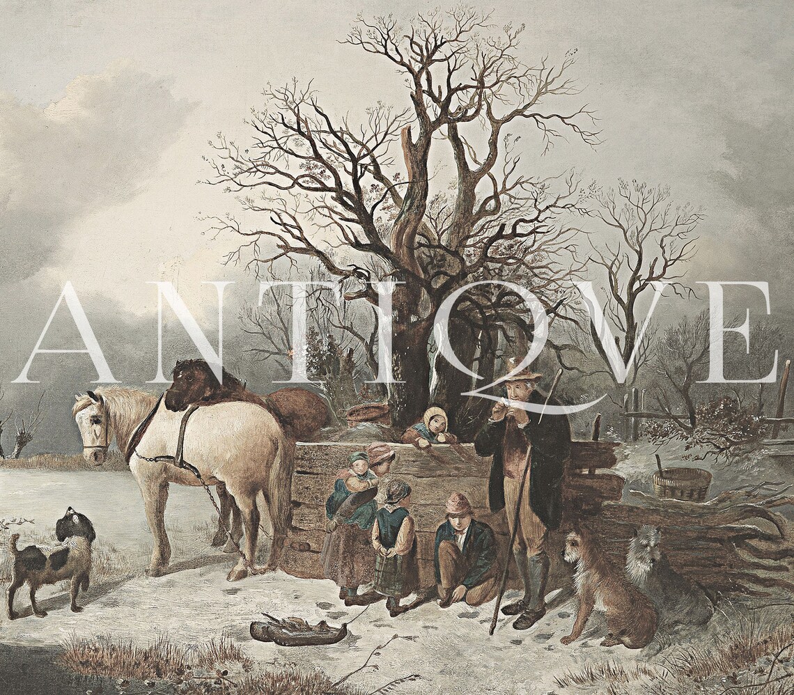 Antique Winter Family Gathering Vintage Art Print - Image 4