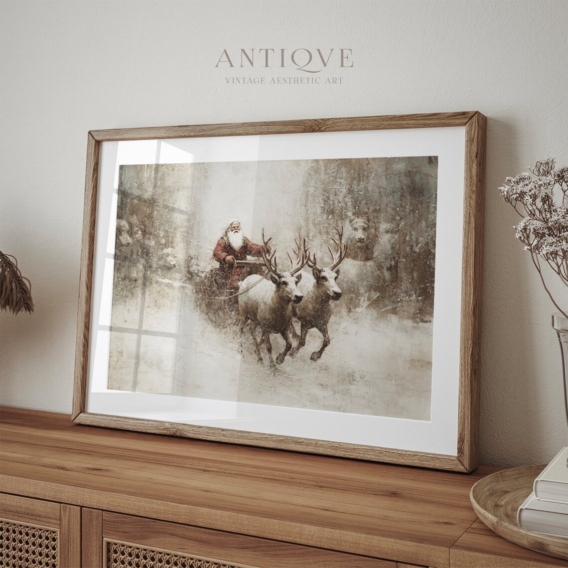 Santa Claus On Sleigh Rustic Christmas Art Print - Image 2