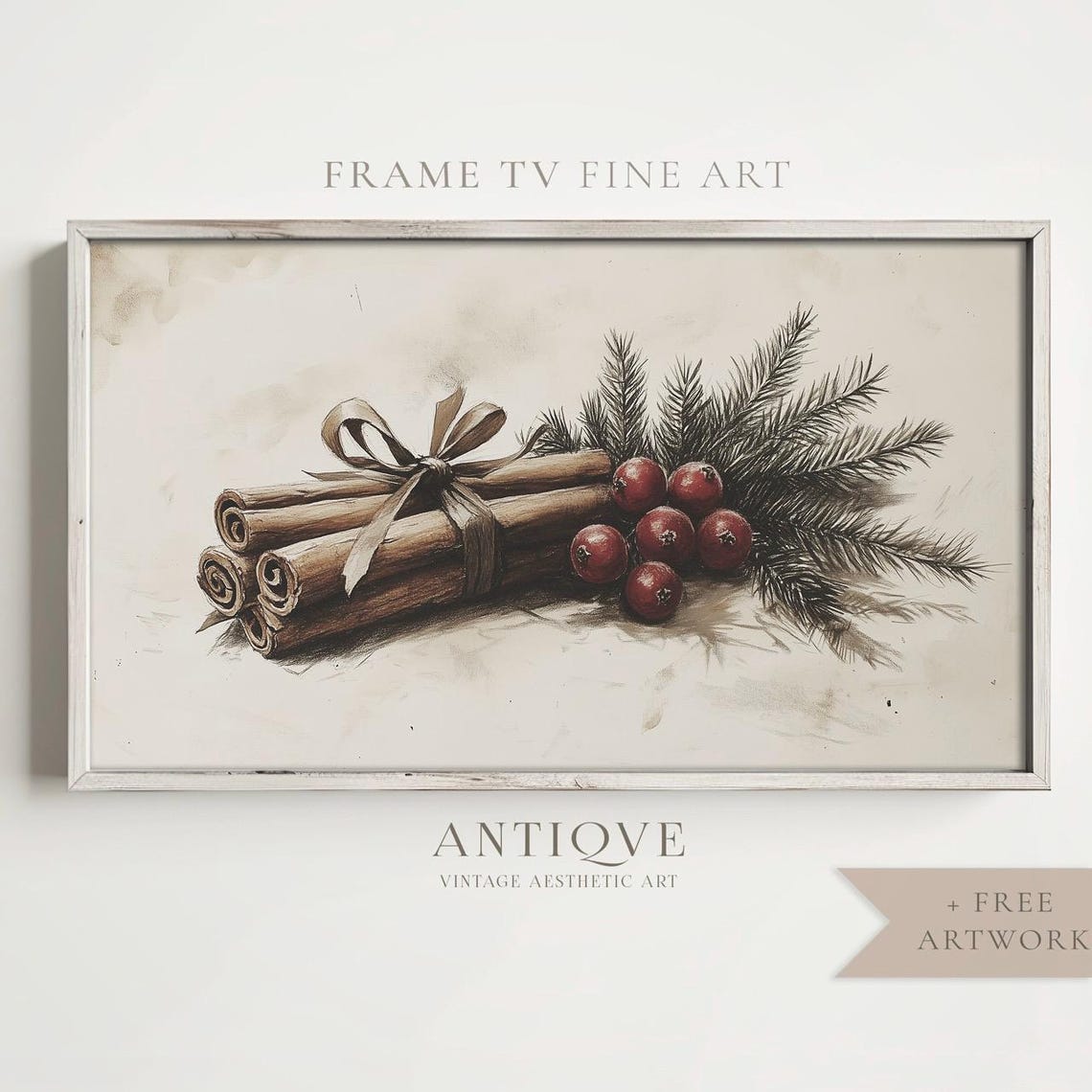 Cinnamon Sticks Tied with Ribbon Red Berries Pine Sketch Wall Art - Image 4