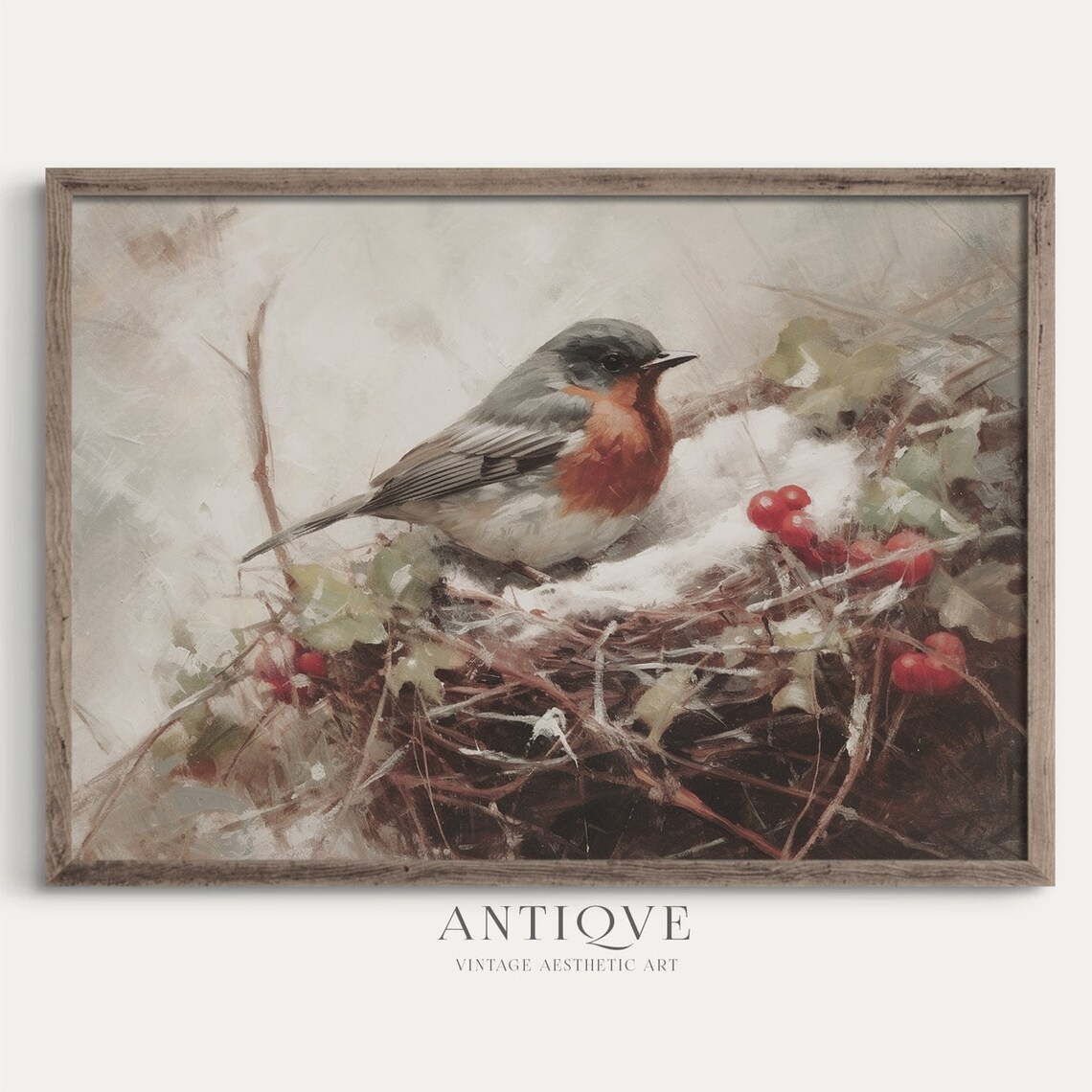 Robin In Nest In The Snow Rustic Christmas Art Print