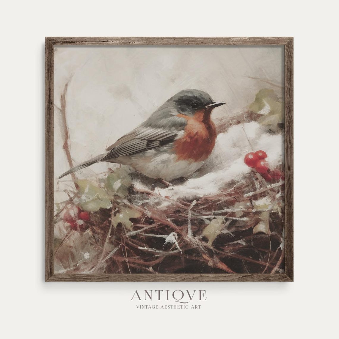 Robin Perched on Snowy Nest with Red Berries Winter Bird Wall Art - Image 4