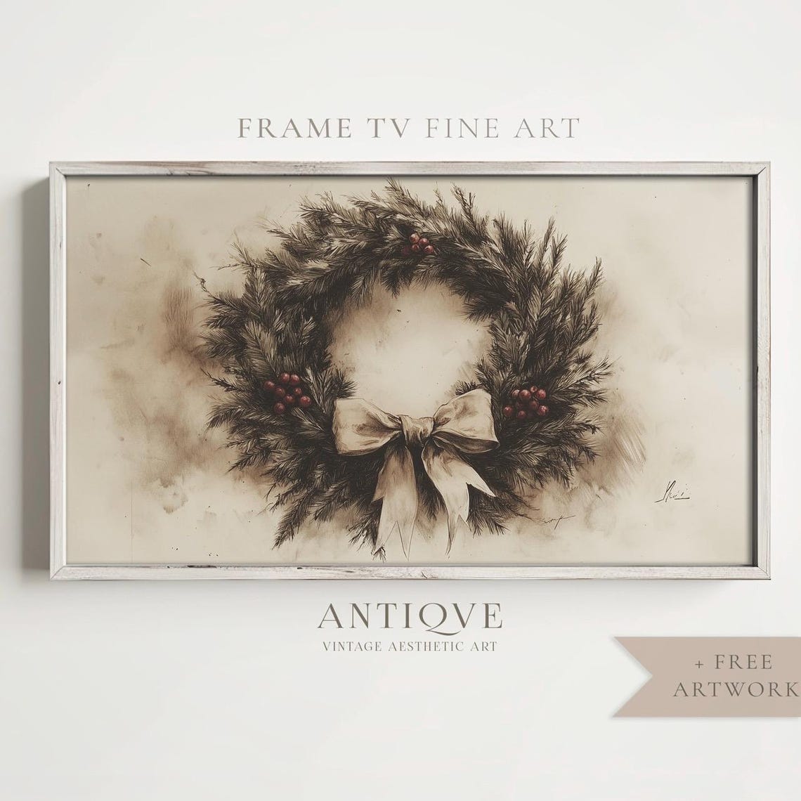 Christmas Wreath with Ribbon Bow Neutral Sketch Holiday Wall Art - Image 4