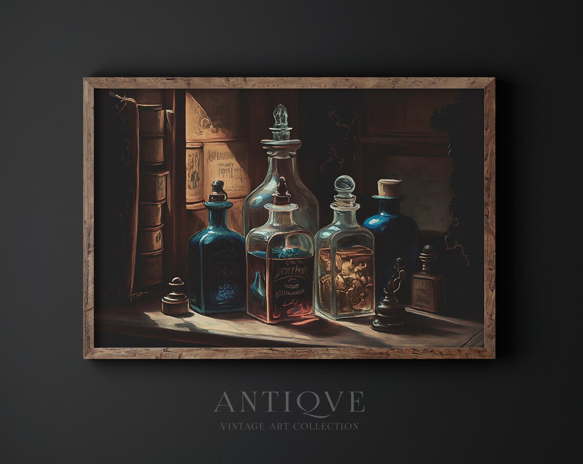 Dark Apothecary Glass Bottles Vintage Art Print - Image 4