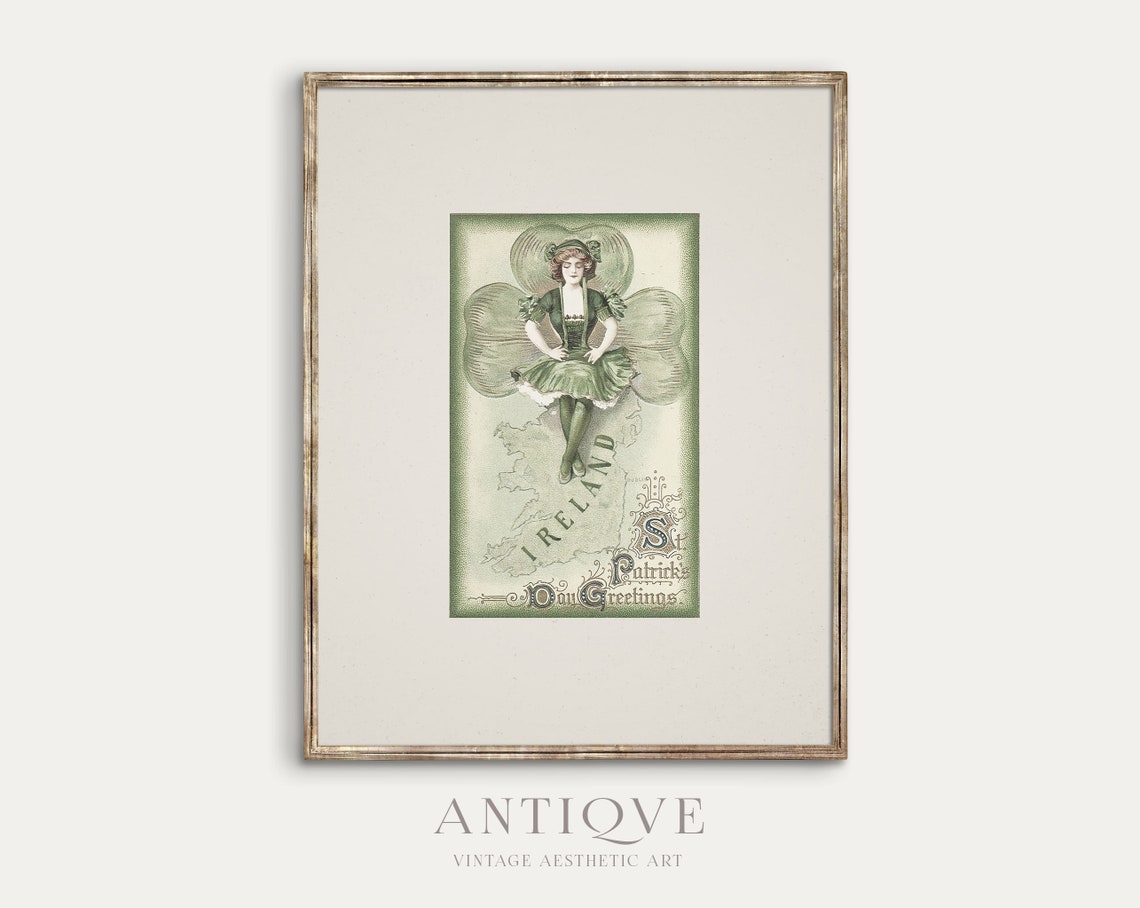 Vintage St Patrick's Day Greetings Shamrock Lady Ireland Map Poster - Image 2