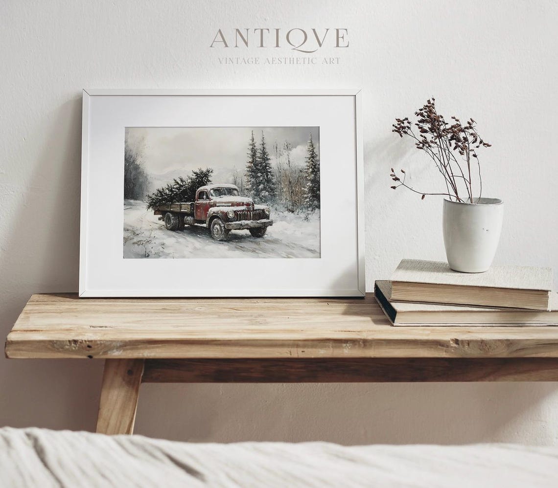 Vintage Red Truck Hauling Christmas Tree Snowy Farmhouse Wall Art - Image 4