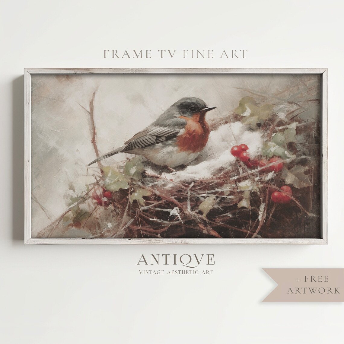Robin in Snowy Nest with Red Berries Vintage Bird Painting Art Print