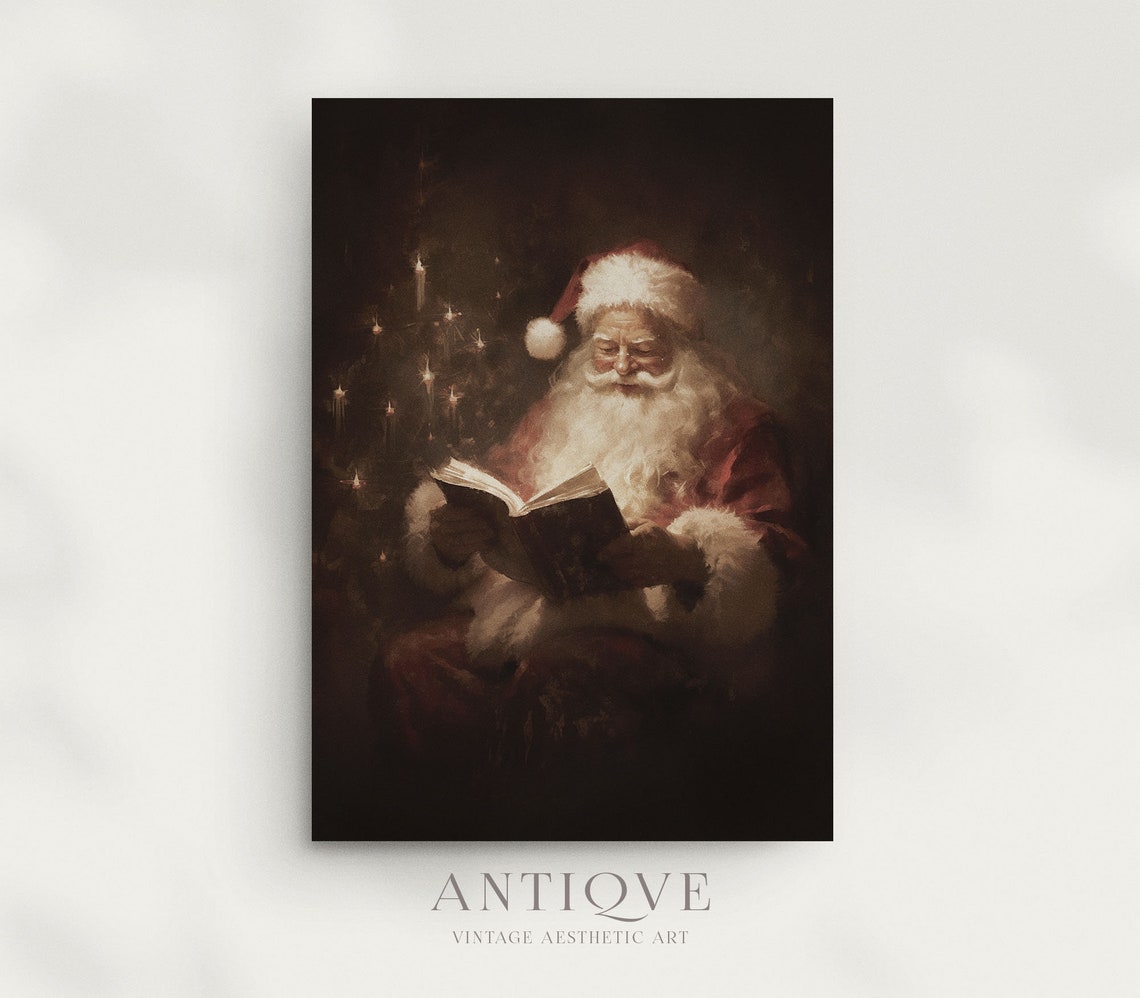 Santa Claus Reading Print Moody Christmas Vintage Christmas Decor 1044v - Image 3