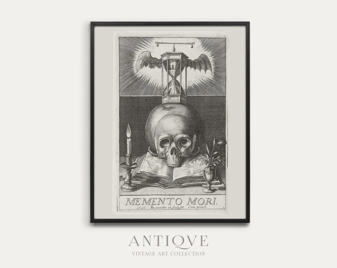 Memento Mori Skull Book Candle Hourglass 1626 Engraving Poster