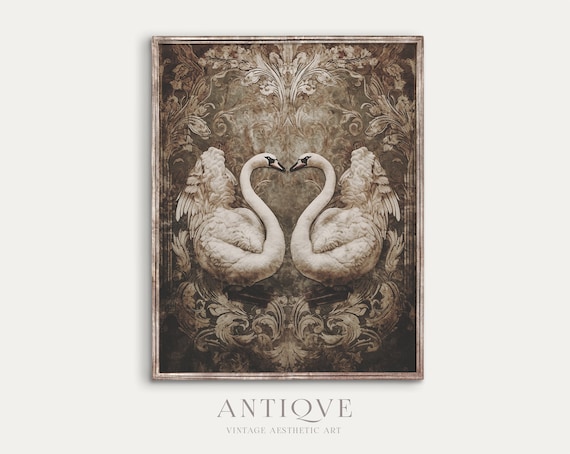 Symmetrical Tapestry Of Two White Swans, Wall Art Print