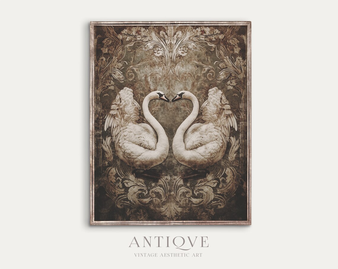Symmetrical Tapestry Of Two White Swans, Wall Art Print