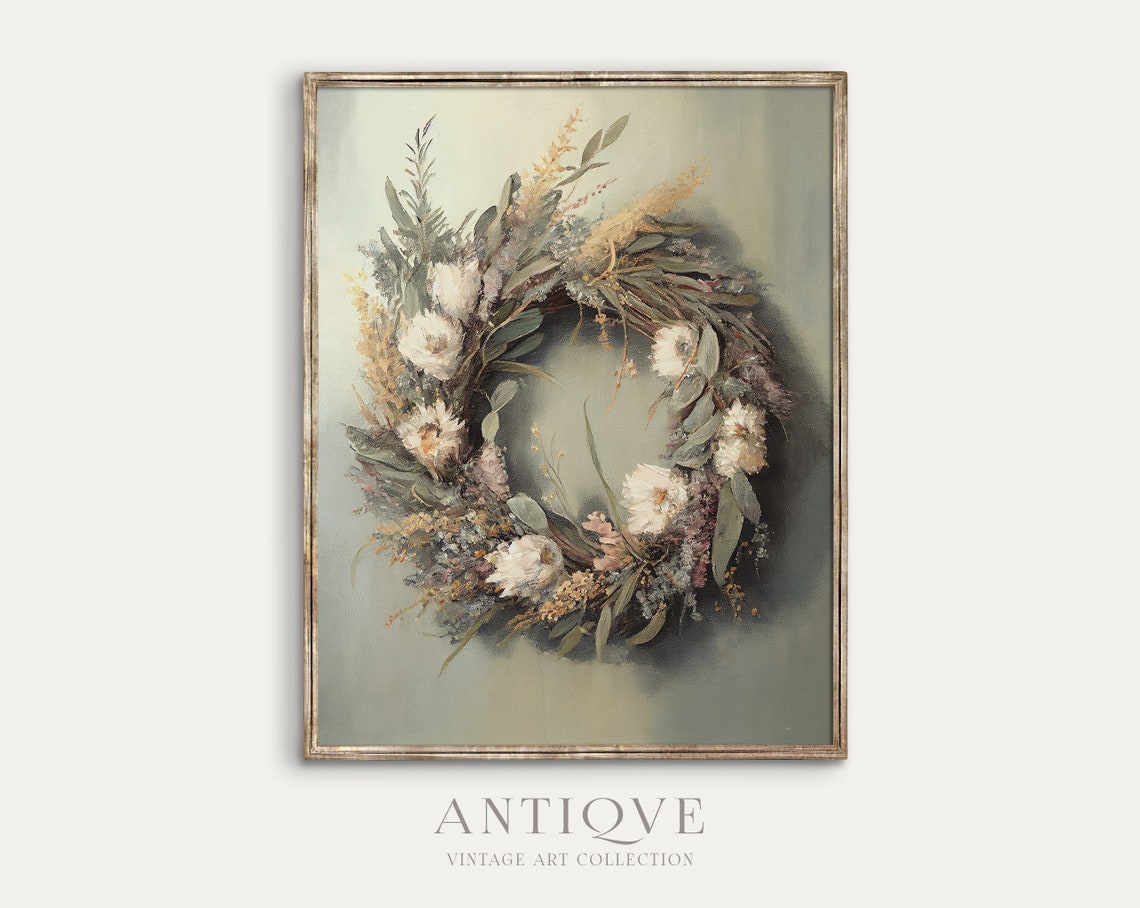 Dried Flower Wreath In Muted Neutral Tones Vintage Floral Poster