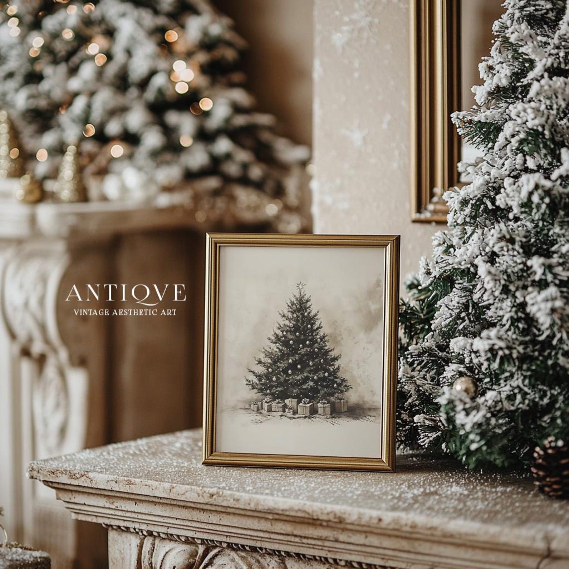 Neutral Christmas Tree Sketch with Ornaments Gifts Vintage Wall Art - Image 2