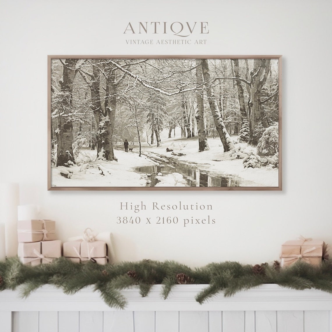 Snowy Winter Woods with Stream Vintage Forest Painting Art Print - Image 3