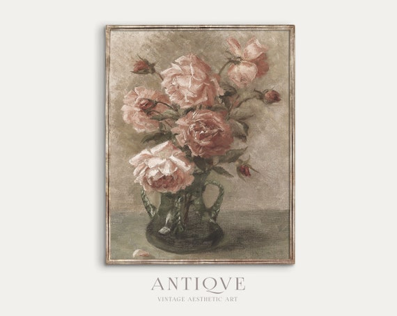 Antique Pink Roses Still Life, Vintage Art Print