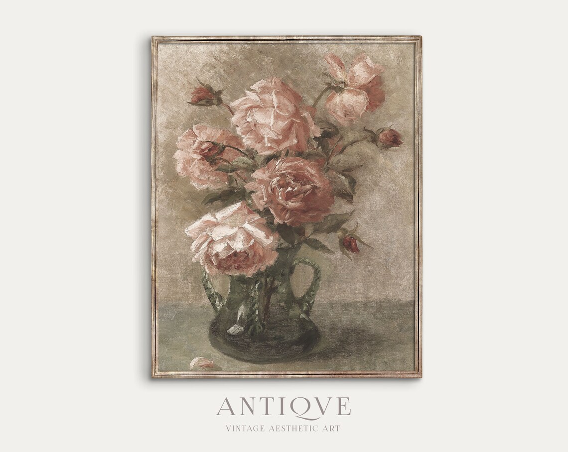 Antique Pink Roses Still Life, Vintage Art Print