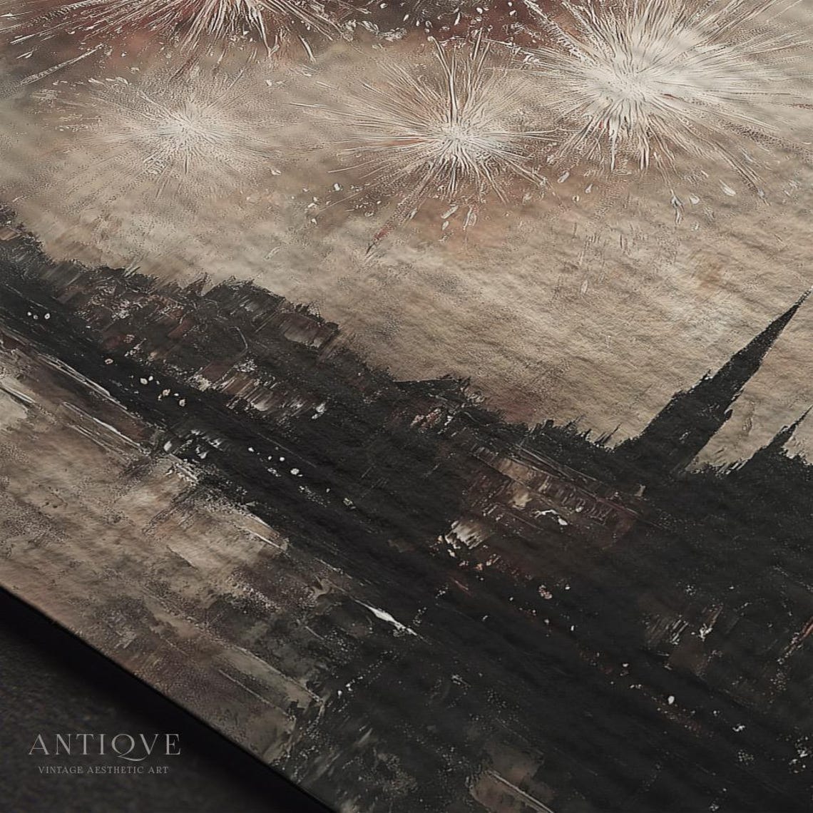 Fireworks Over City Skyline Moody Oil Painting New Year Print - Image 3