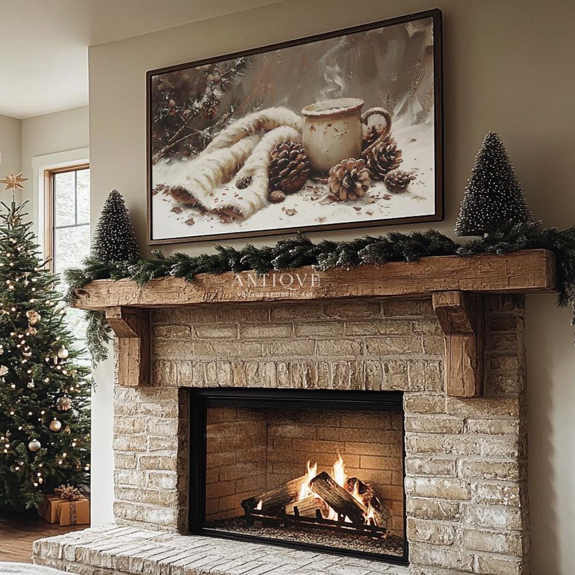 Starlit Snowy Pine Tree Glowing Star Above Winter Night Wall Art - Image 2