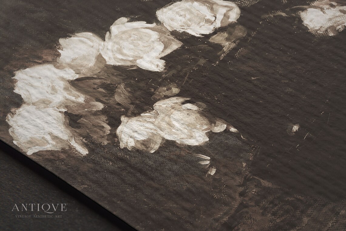 Moody Still Life Oil Painting, Vintage White Roses Art - Image 4