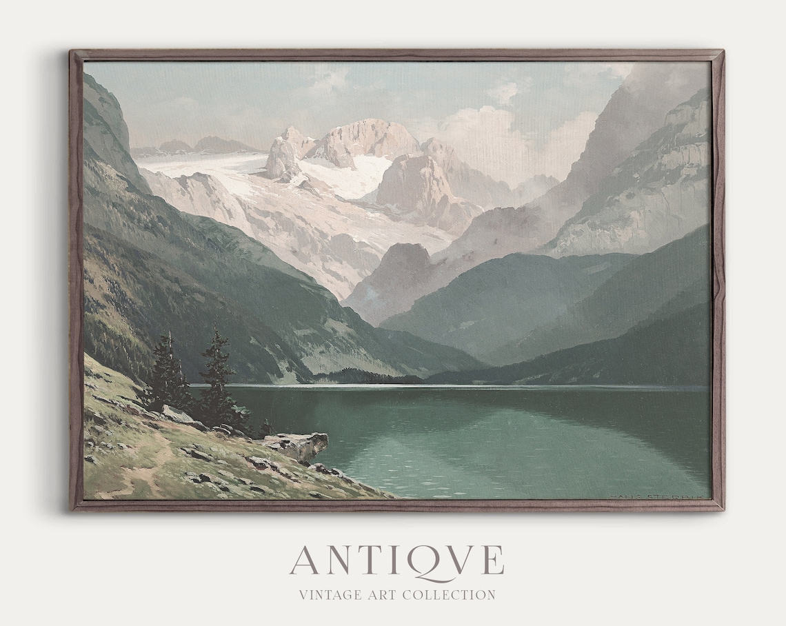 Alpine Lake With Snow Capped Peaks Vintage Oil Painting Poster