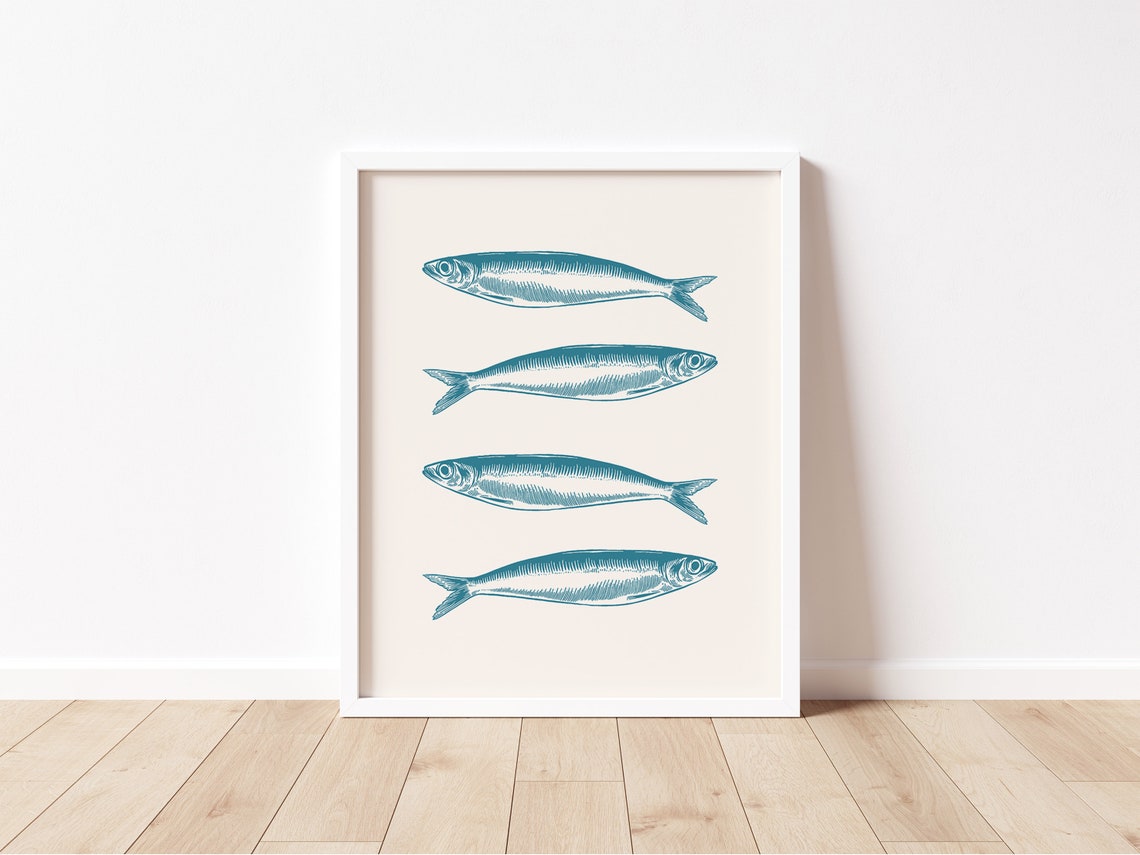 Four Teal Sardines Engraved Fish Row Vintage Seafood Art Print - Image 2