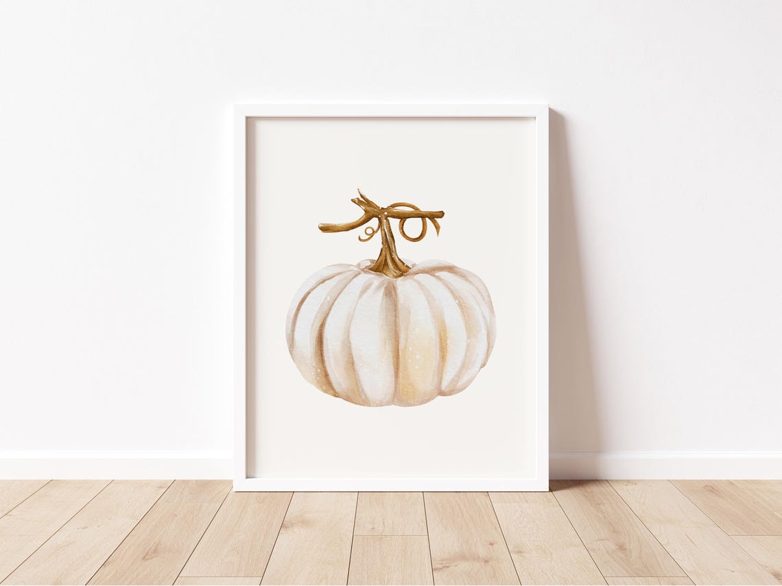 White Watercolor Pumpkin with Twig Stem Rustic Autumn Print Art - Image 2