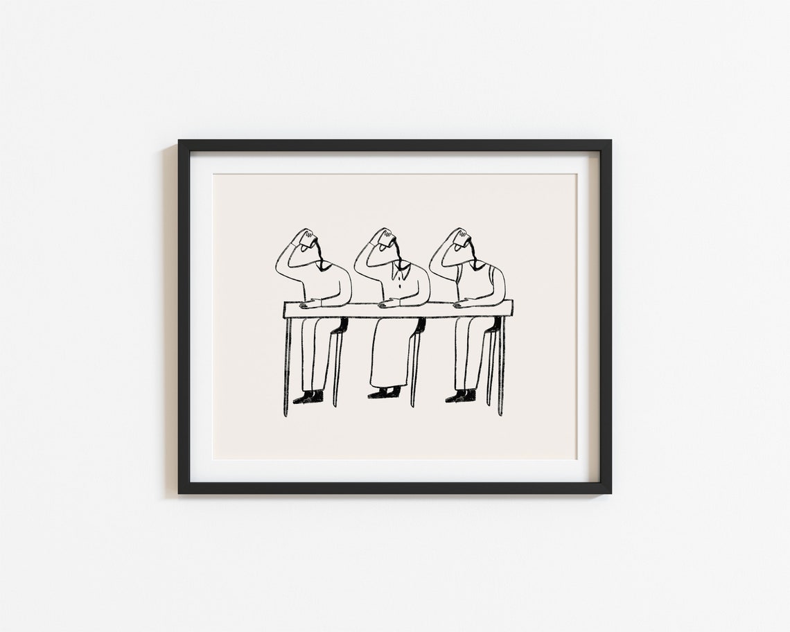 Three Minimalist Figures Drinking Coffee Black Line Drawing Print - Image 2