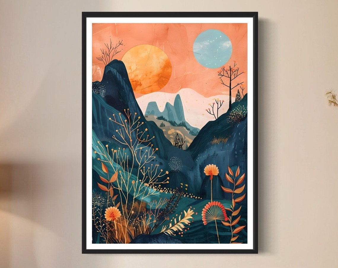 Boho Mountain Sun Moon Flowers Botanical Peach Sky Landscape Art Print