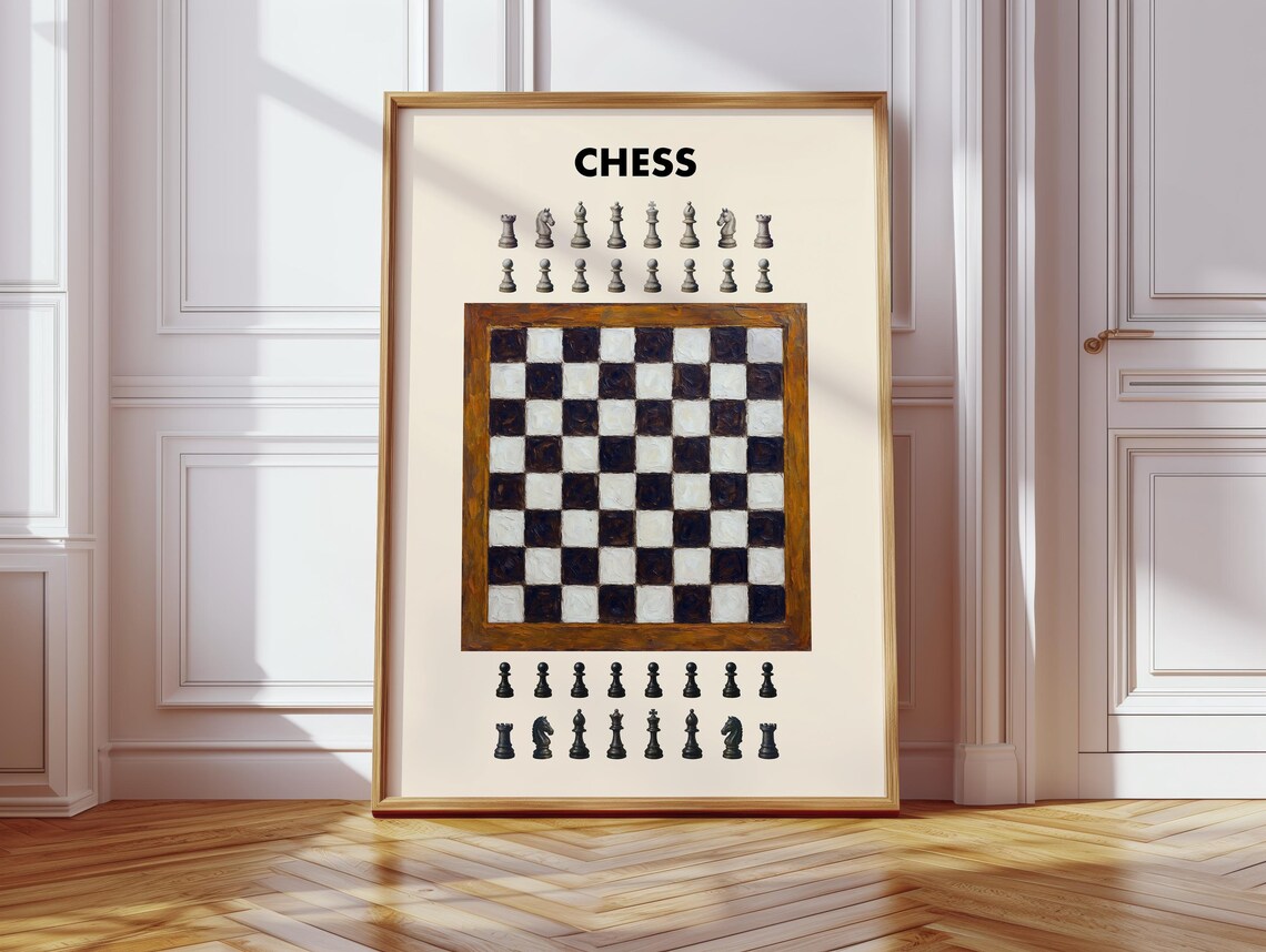 Chess Board With Pieces Minimal Cream Vintage Style Art Poster
